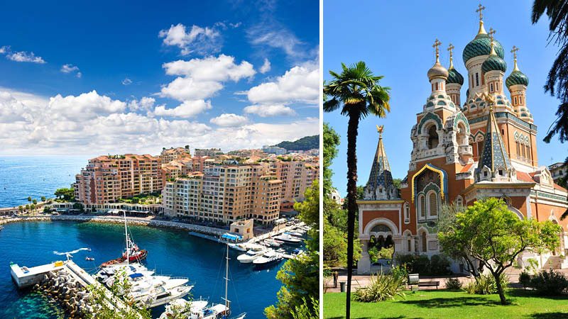 Monaco vid havet och St Nicholas-kyrkan i Nice p en resa till Provence, den franska Rivieran.